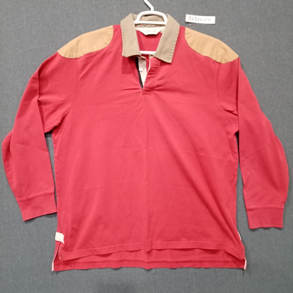 Orvis Mens XL Red Long Sleeve Polo Shirt Cotton Shooting Patches Outdoor Rugged - Picture 3 of 9